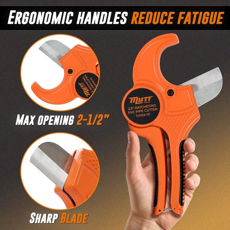 AMERICAN MUTT TOOLS Mutt Tools Professional 2-1/2 Inch PVC Pipe Cutter Tool - Heavy-Duty Ratcheting Pipe Cutter for PVC, CPVC, PEX, ABS Plastic Pipes - Cuts Up to 2.5 Inch Outer Diameter - Plumbing Cutting Tool - Image 2